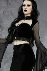 Vintage Black Lace-up Flared Sleeve Crop T-shirt