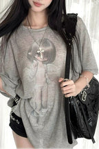 Vintage Angel Print Loose Sunscreen T-shirt