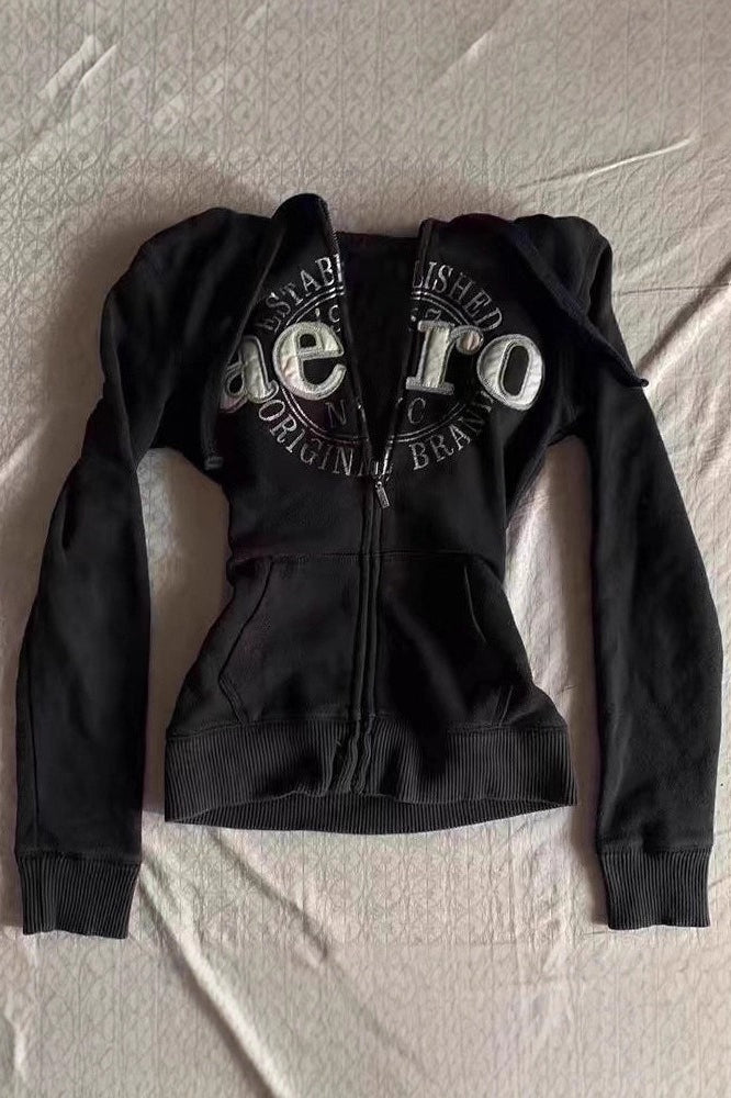 Letter Graphic Fitted Black Zip Hoodie Main image