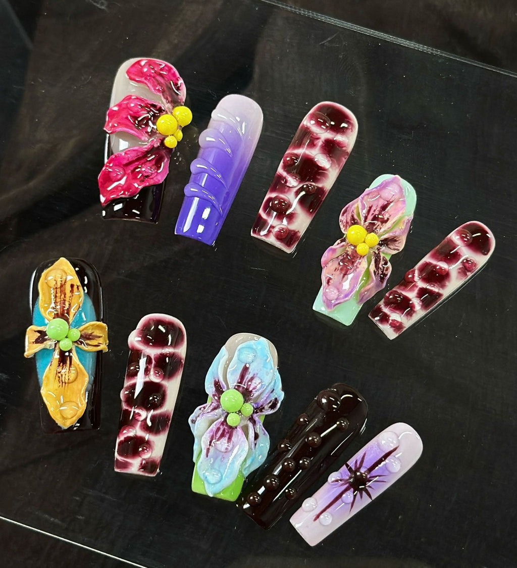 3D Flower Color Block Press On Nails