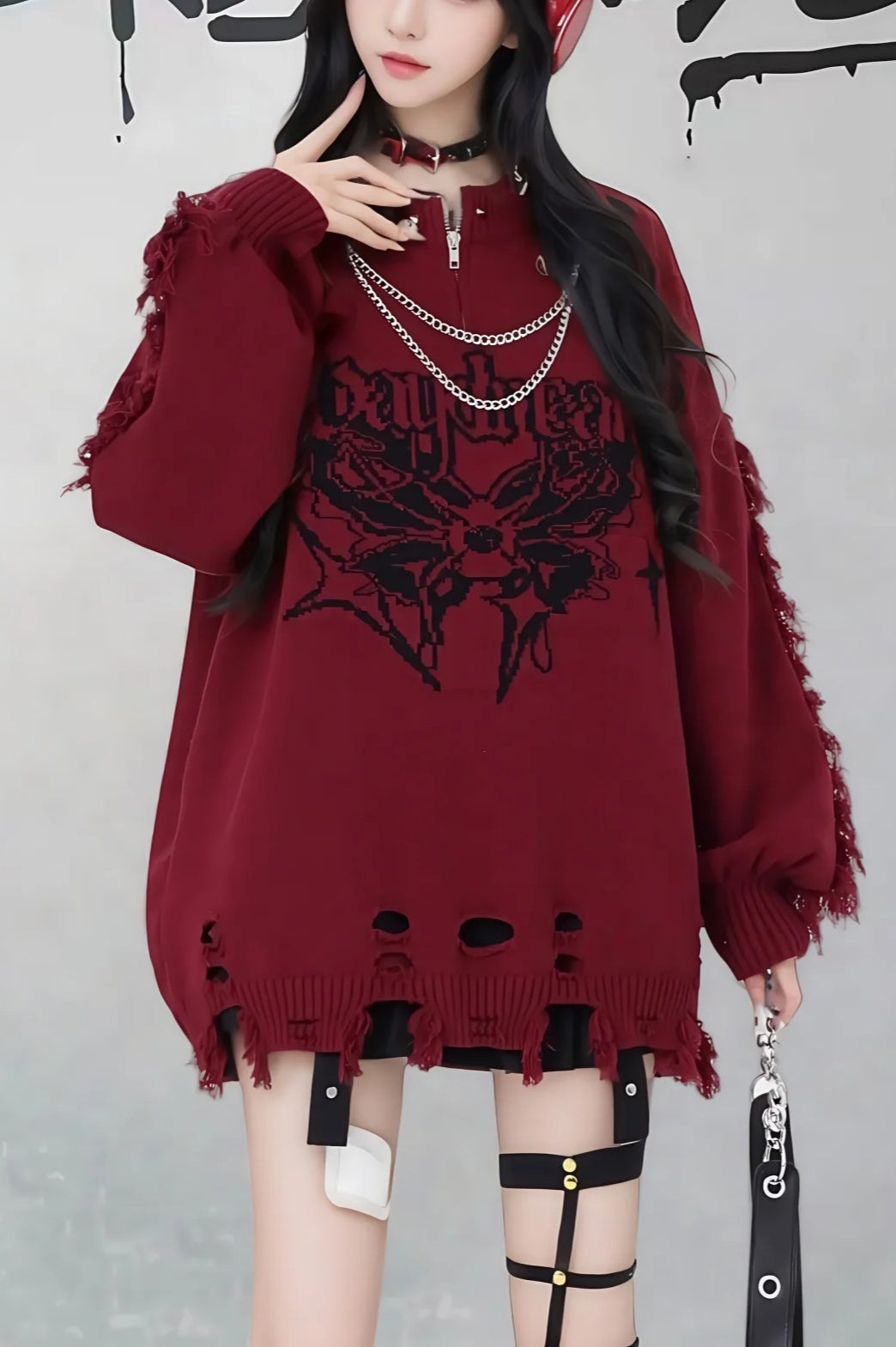 Gothic Y2K Subculture Rivet Print Ripped Loose Knit Sweater Secondary image