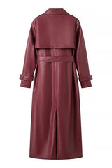 Vintage PU Leather Belted Long Trench Coat