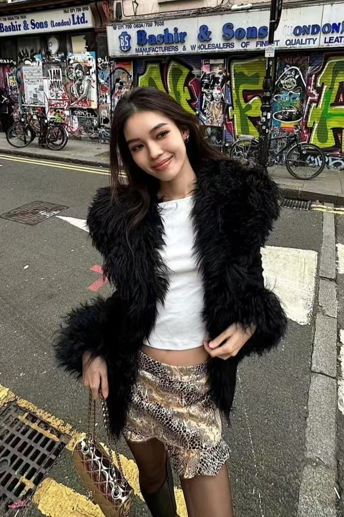 Solid Spliced PU Leather Lapel Patchwork Fur Coat Secondary image