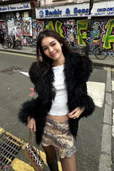 Solid Spliced PU Leather Lapel Patchwork Fur Coat