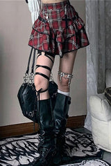 Red Plaid High Waist Tiered Skirt