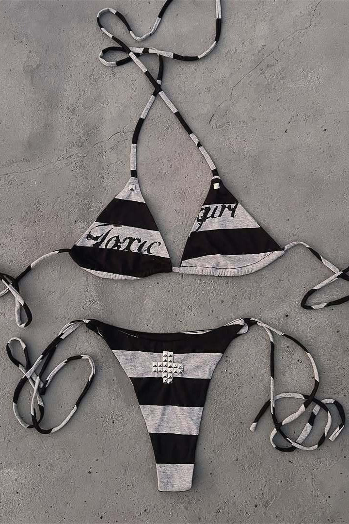 Punk Street Print Cross Rhinestone Swimwear