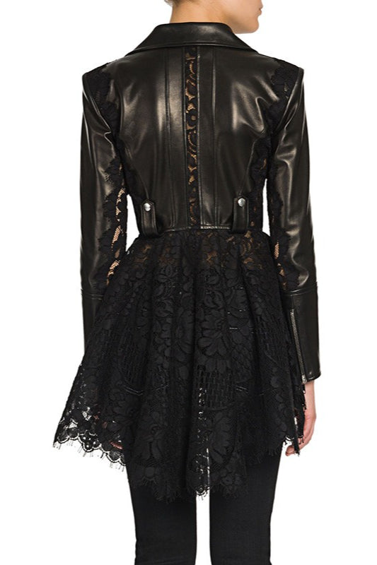 Lace Panel Fitted Moto Leather Jacket