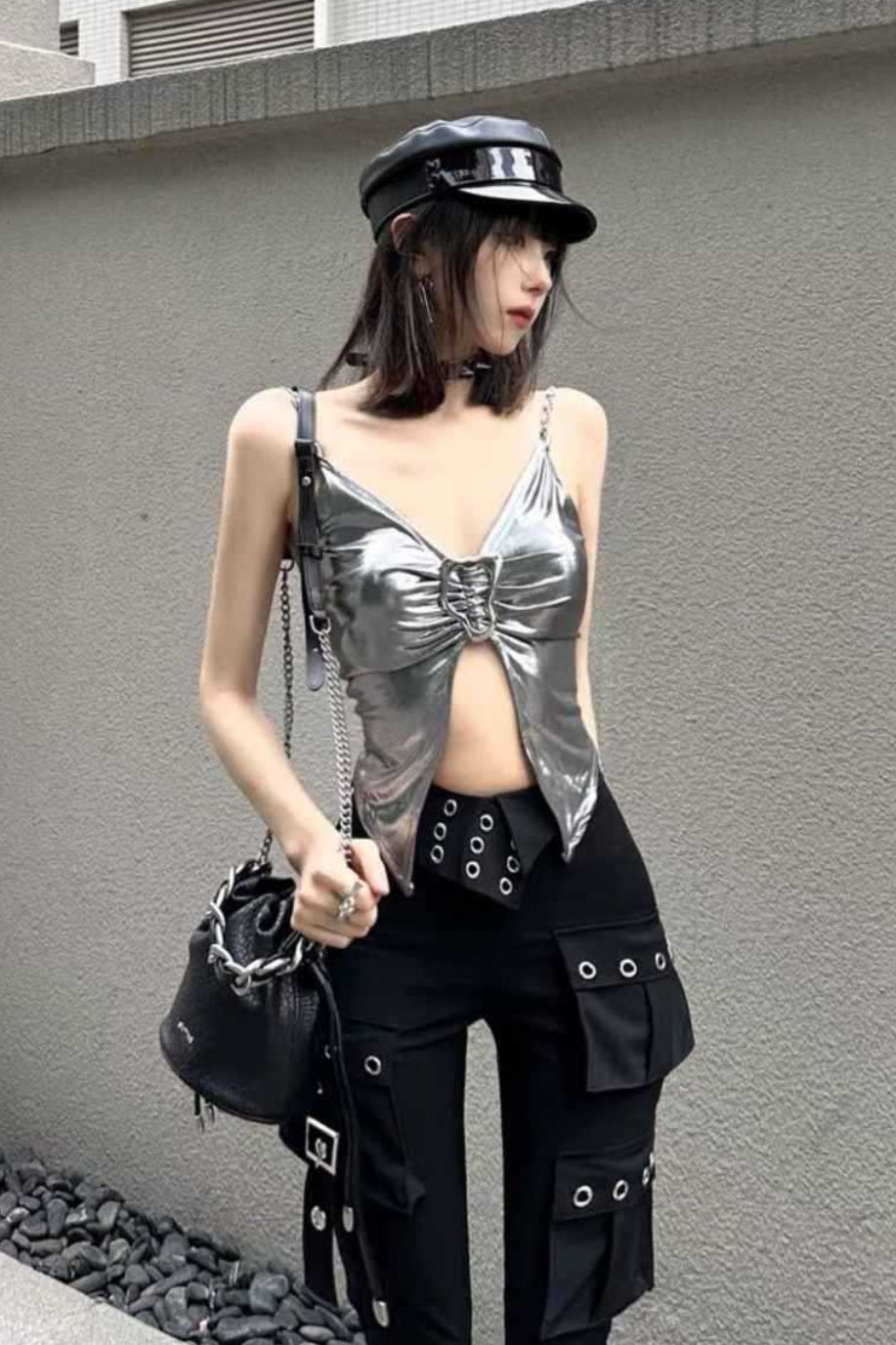 Cyber Liquid Metal Silver V Neck Buckle Cami Crop Top
