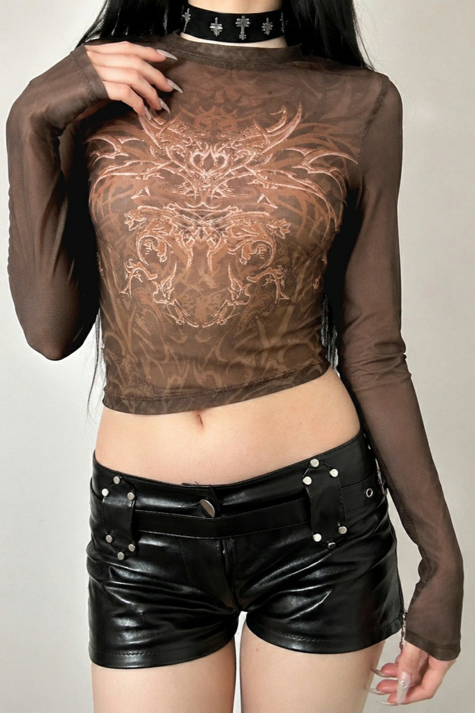 Brown Ornate Sheer Mesh Crop Tops