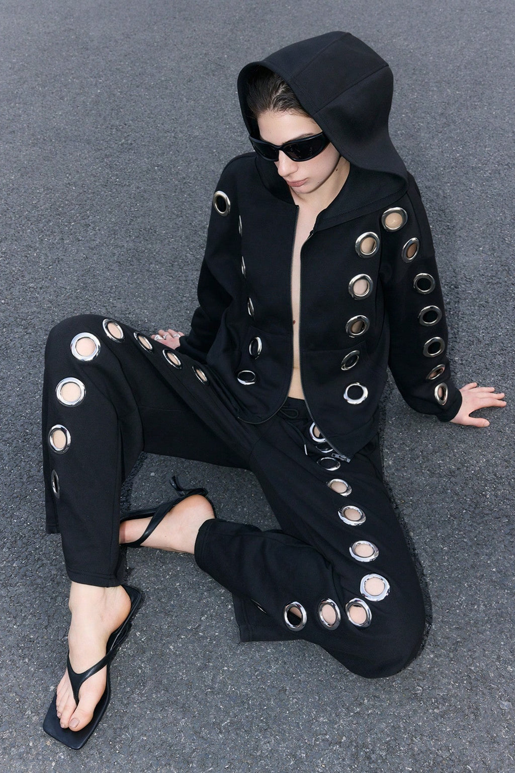 GothicPunkMetal Ring Cutout Zip Up Hoodie