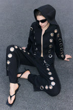 GothicPunkMetal Ring Cutout Zip Up Hoodie
