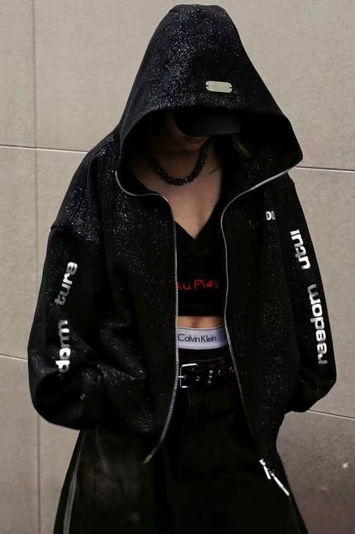 Textured Letter Graphic Zip Hoodies