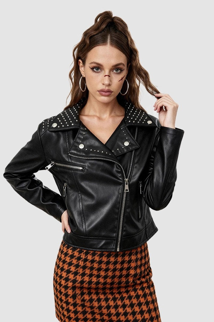 Rivet Trim Cropped Moto Leather Jacket Main image