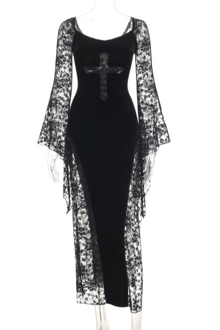 Cross Motif Lace Panel Maxi Dress