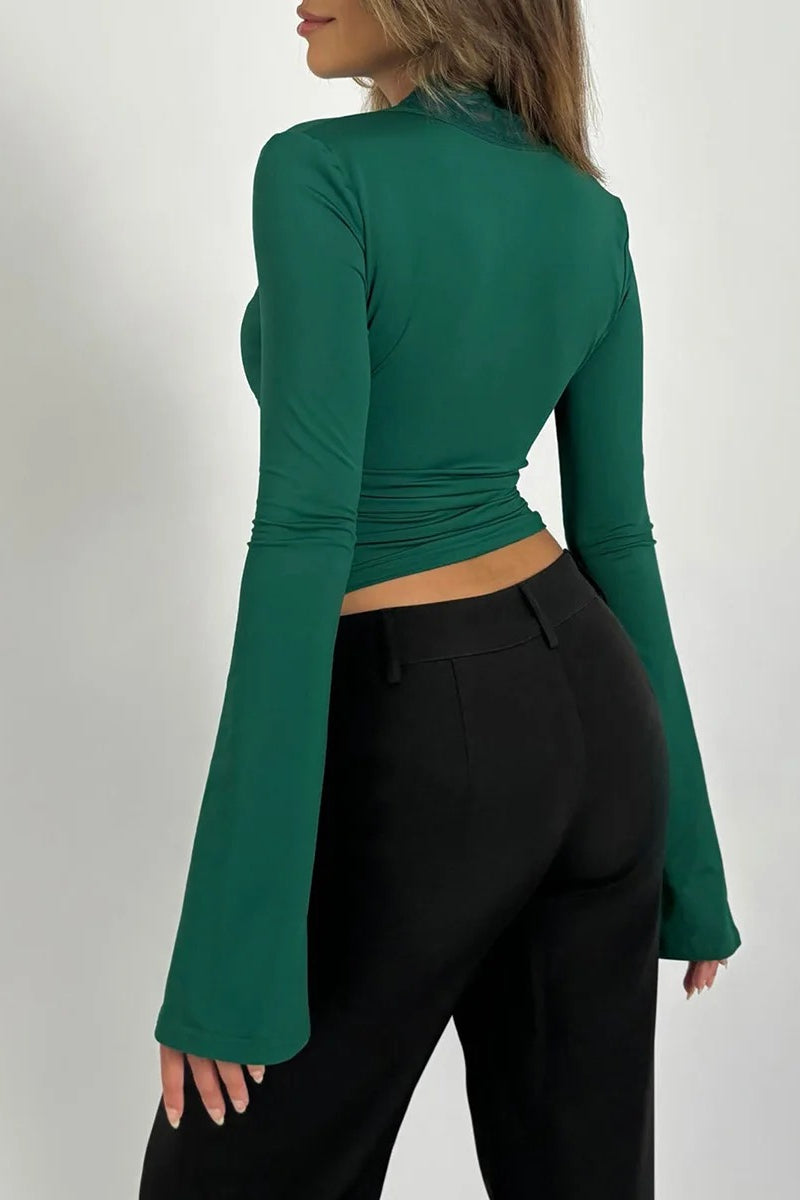 Slim Deep V Bell Sleeve Lace Trim Knit Top