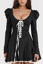 Lace Up Puff Shoulder Mini Dress