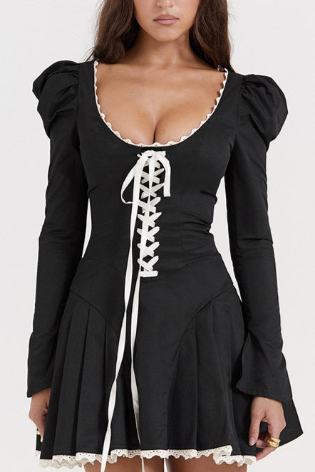 Lace Up Puff Shoulder Mini Dress