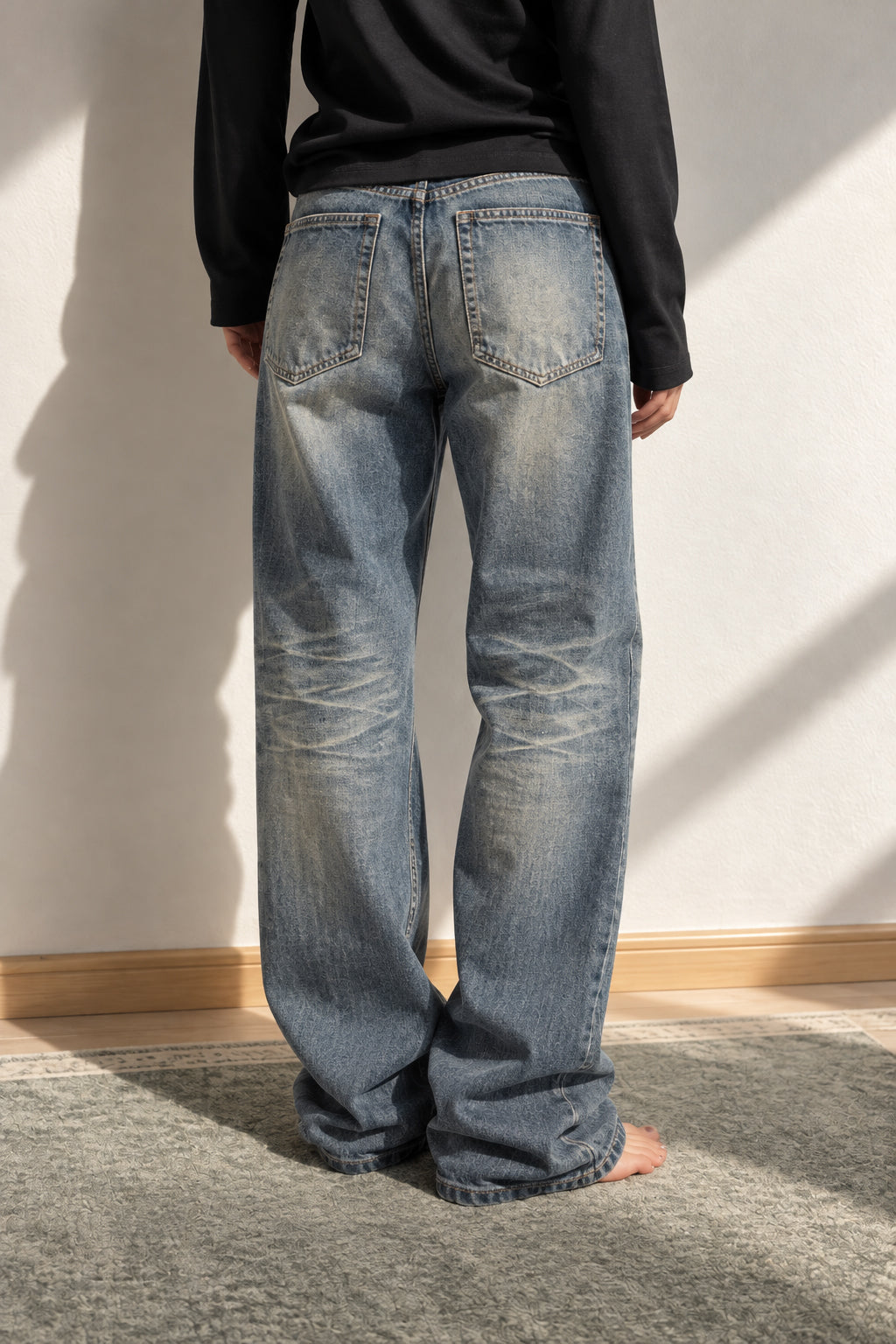 Embroidered Slouchy Straight Denim Trousers