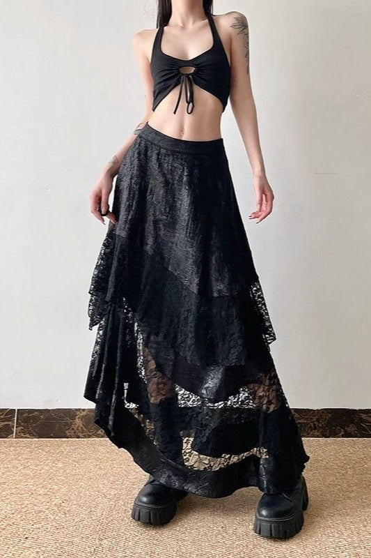 Tiered Lace Asymmetric Maxi Skirts