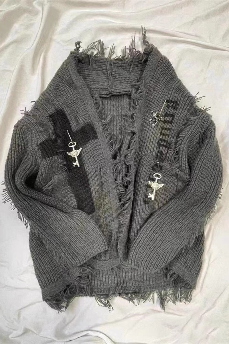 Dark Retro Distressed Cardigan Sweater Secondary image
