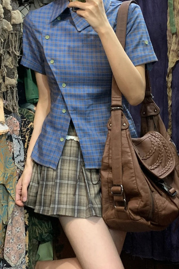 Vintage Blue Plaid Short Sleeve Blouse Main image