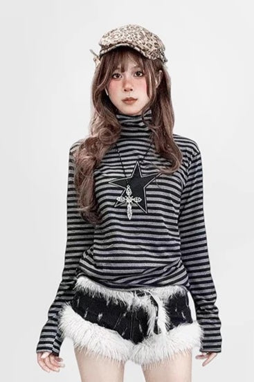 Alt Punk Star Patch Striped Turtleneck Knit Top Secondary image