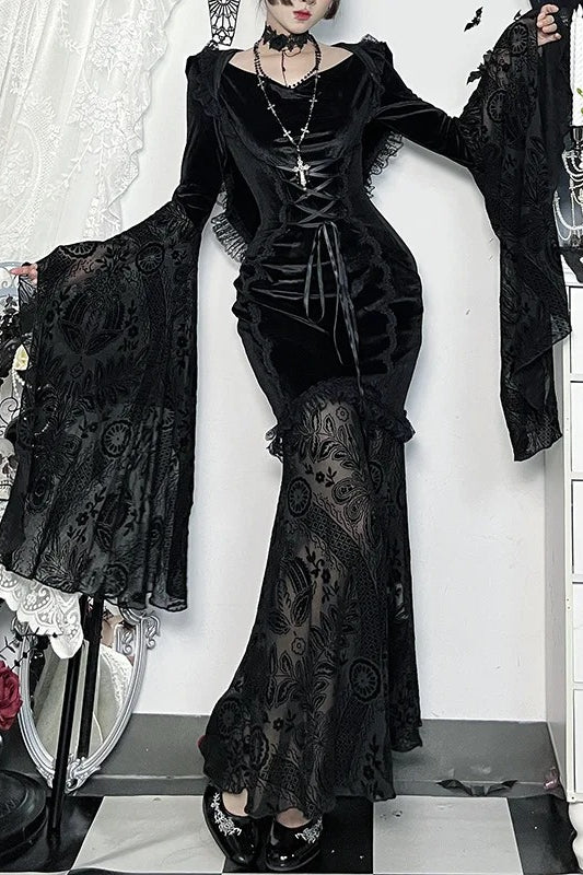 Dark Goth Flocking Lace Batwing Sleeve Hooded Maxi Dress Secondary image