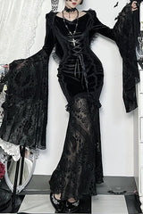 Dark Goth Flocking Lace Batwing Sleeve Hooded Maxi Dress