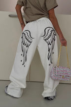 Wing Print High Waist Wide Leg Pants