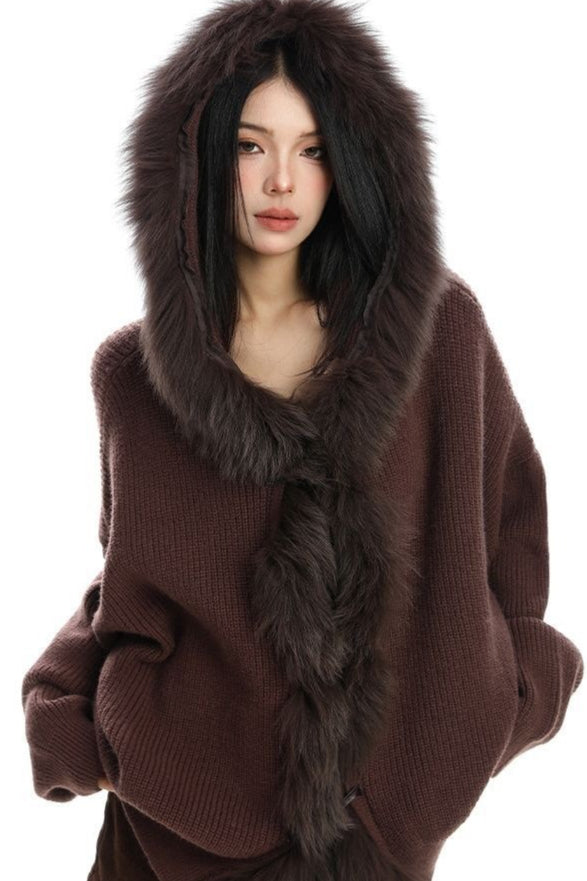 Plush Trim Hooded Button Sweaters