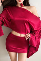 Glossy Asymmetric Bell Sleeve Skirt Sets