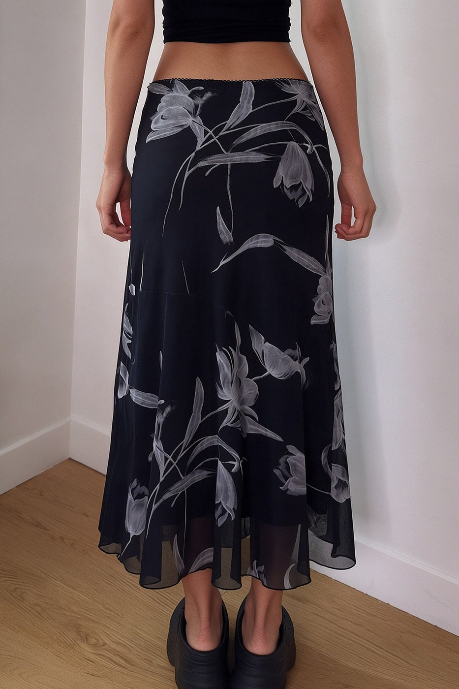 Monochrome Floral Mesh Midi Skirts