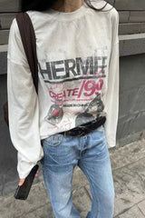 American Style Cat Print Long Sleeve Knit Top