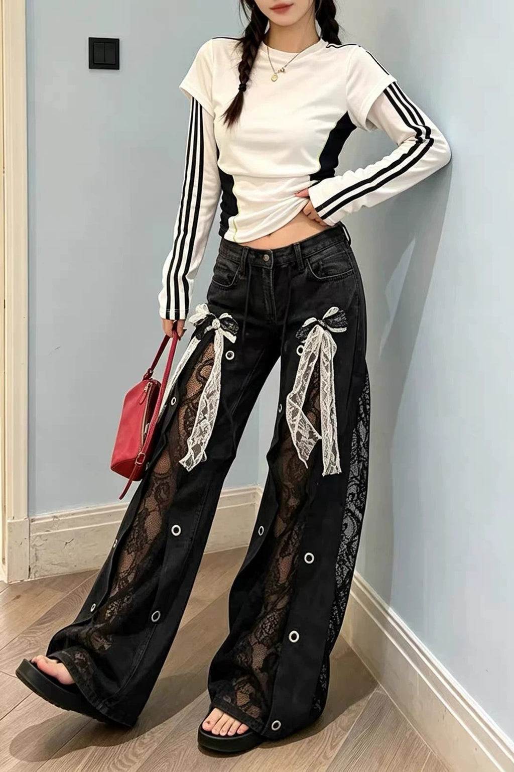 Lace Bow Wide Leg Jeans
