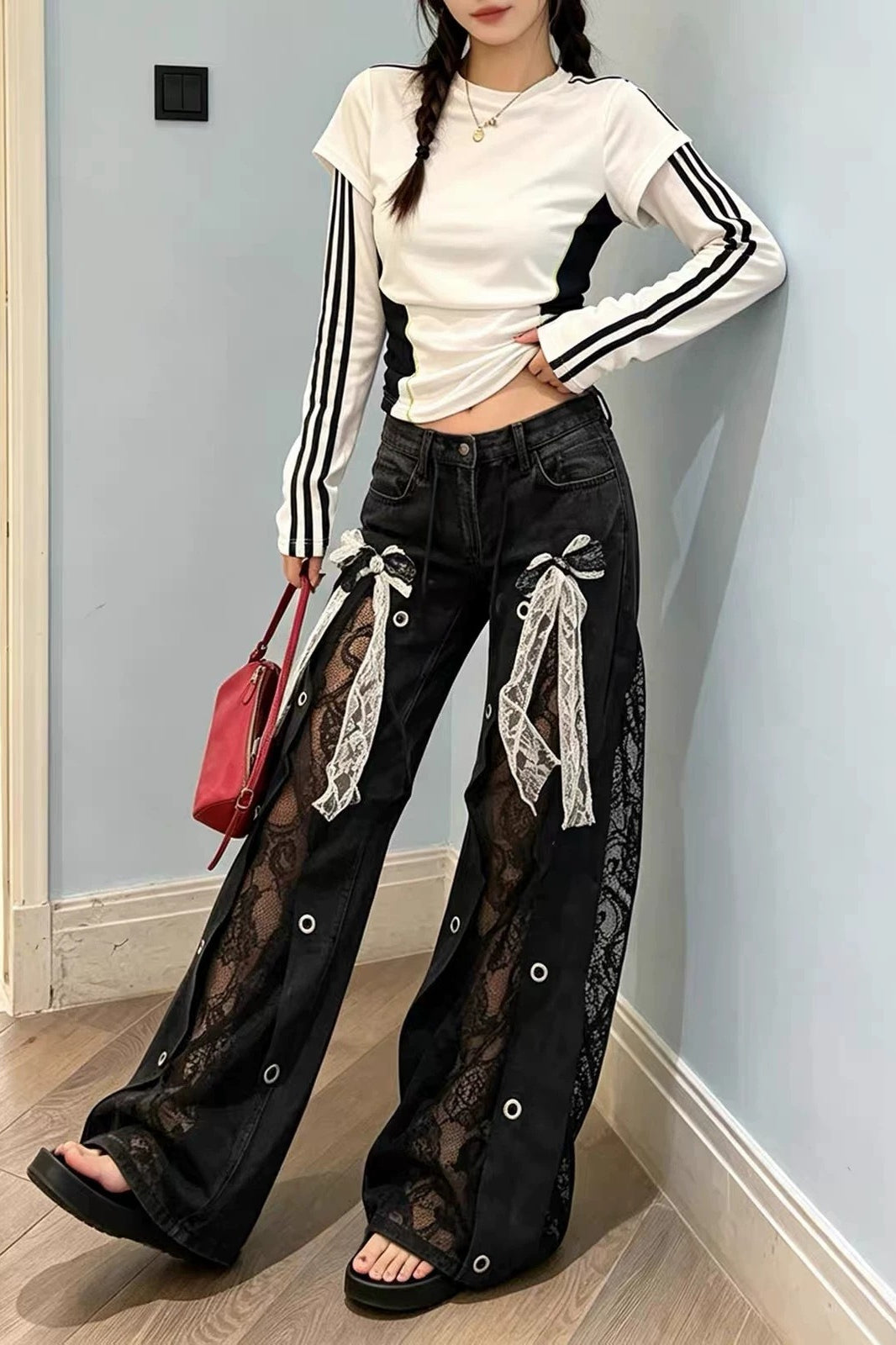 Lace Bow Wide Leg Jeans