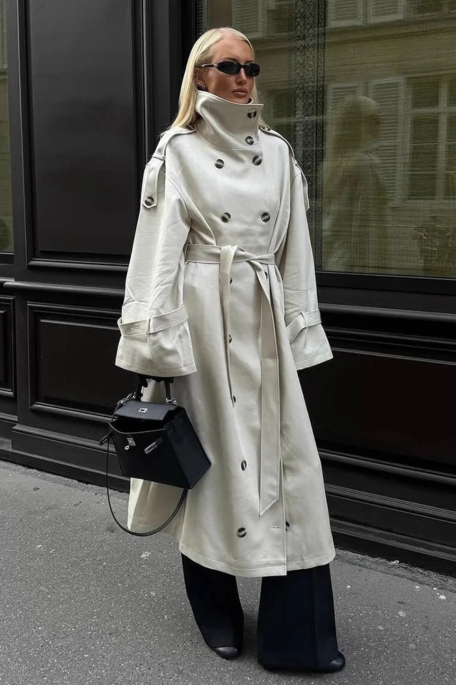 Beige Double-breasted Lapel Belted Trench Coat Secondary image
