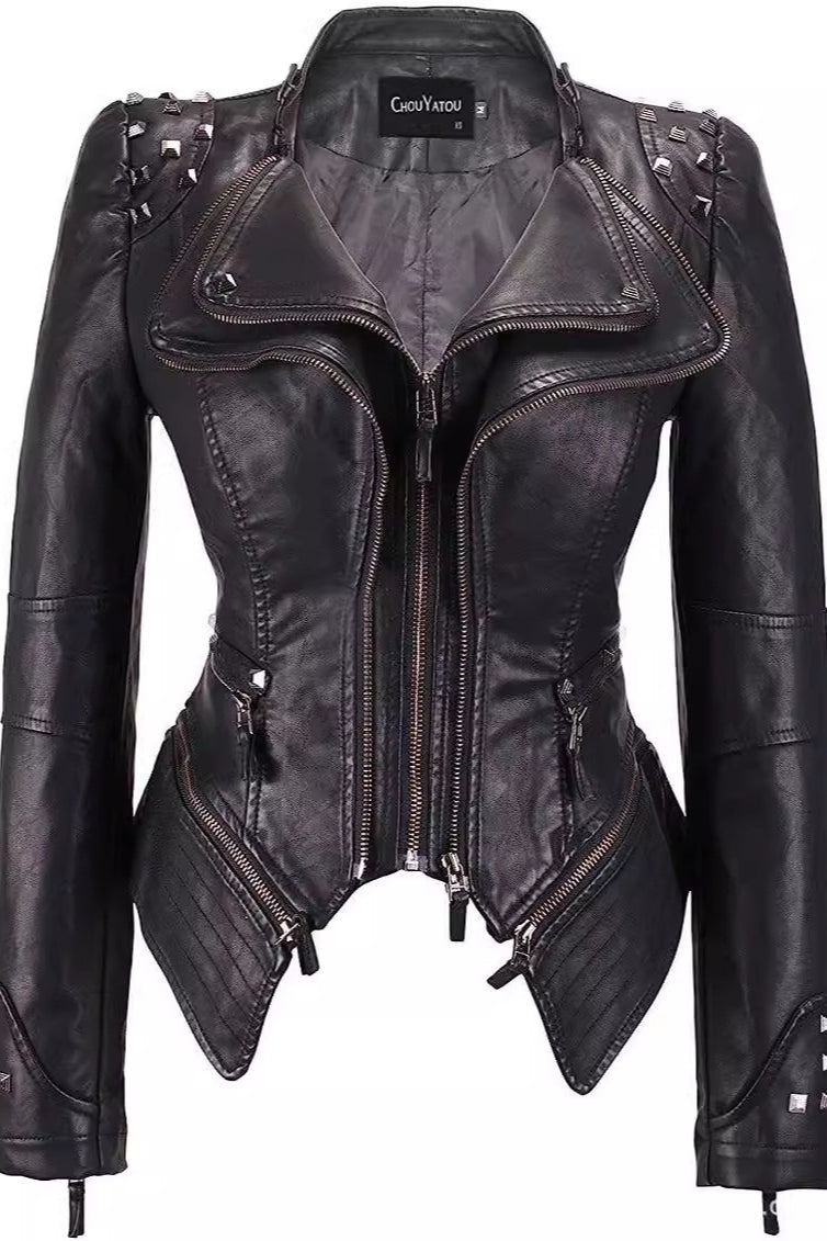 Studded Asymmetric Zip Fitted Leather Jacket Main image