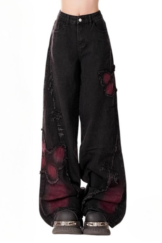 Butterfly Patch Washed Wide Leg Jeans