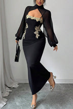 Gold Tone Floral Trim Maxi Dress