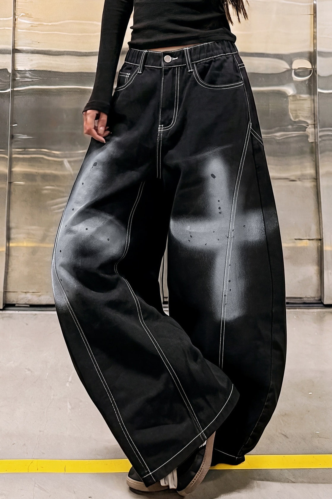 Cross Print Wide Leg Denim Pants