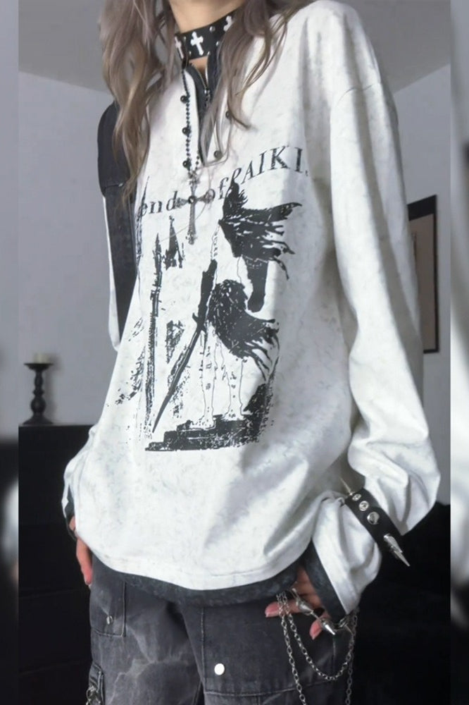 Grunge Y2K Henley Layered White Printed T-shirt Main image