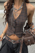 Vintage Plaid Deep V Neck Halter Top