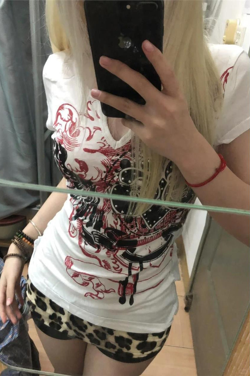 Cotton Vintage Punk V Neck Cropped Slim T-shirt Main image