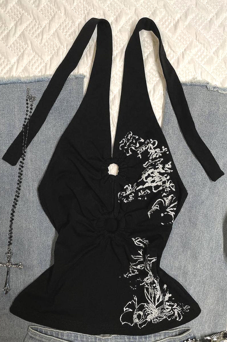 Y2K Lily Print Sleeveless Halter Top Main image