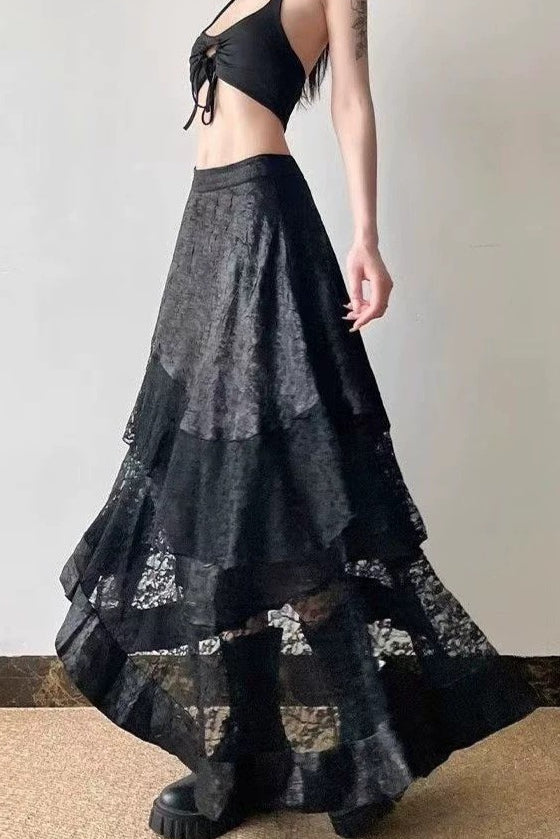 Tiered Lace Asymmetric Maxi Skirts