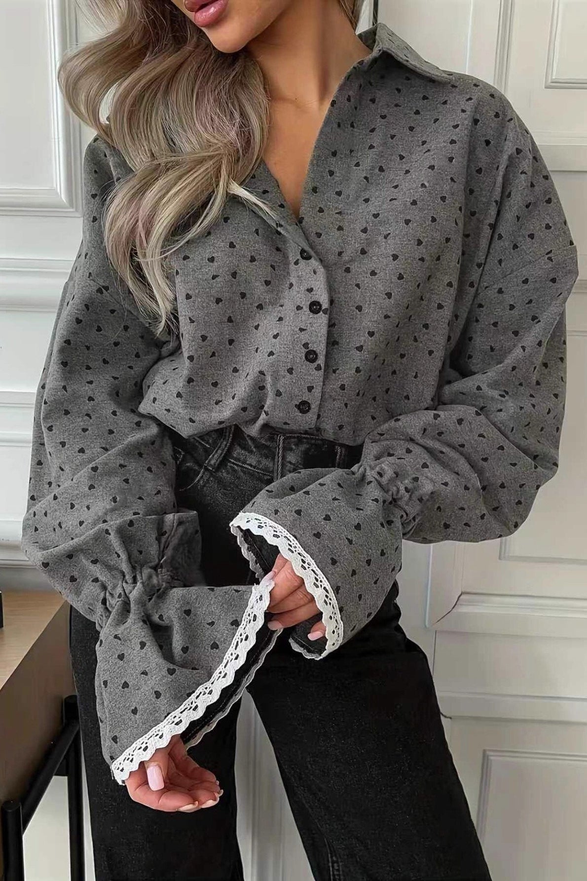 Heart Print Lantern Sleeve Casual Blouse Main image