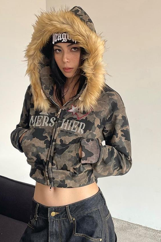 Camouflage Fluffy Trim Cropped Hoodies