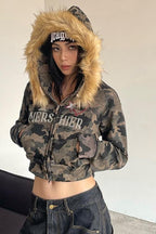 Camouflage Fluffy Trim Cropped Hoodies