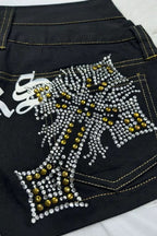 Rhinestone Cross Print Low-Rise Hot Pants