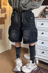 Street Punk Multi-Pocket Cargo Denim Shorts